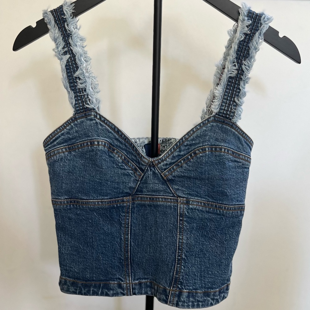 Pilcro Denim Blue Frayed Strap Tank Top